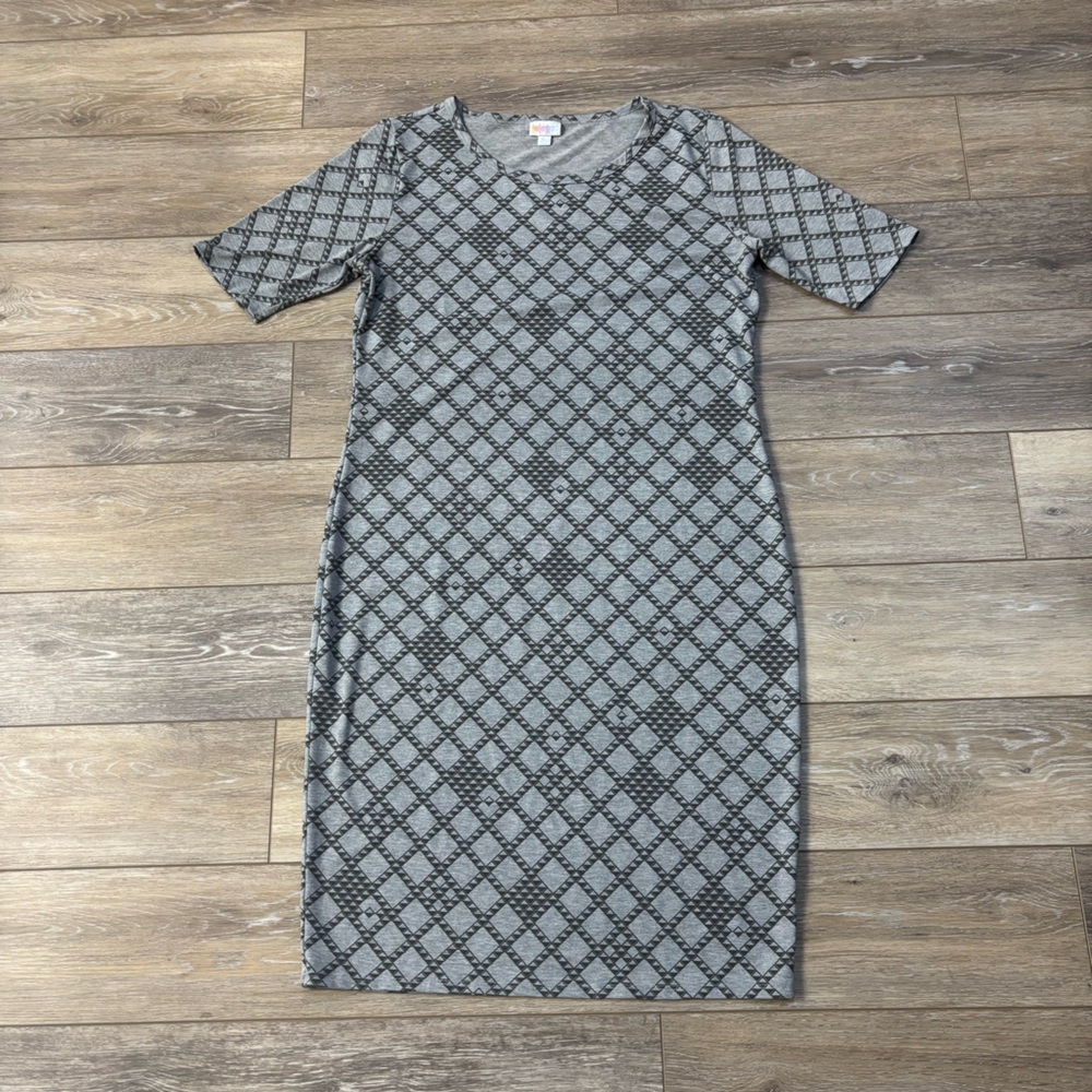 Lularoe Julia Dress Sz XL Gray Diamond Print Midi Pullover Loungewear Casual